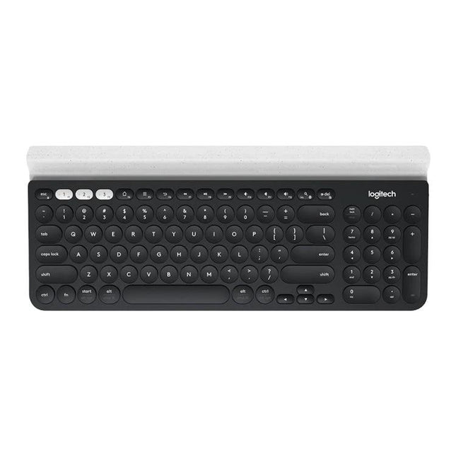 Logitech K780 Multi-Device Wireless Keyboard for Easy Typing shown in black with round keys and device cradle for switching between computer, tablet, smartphone