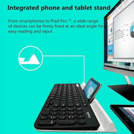 Logitech K780 Multi-Device Wireless Keyboard for Easy Typing showing integrated phone and tablet stand with devices docked