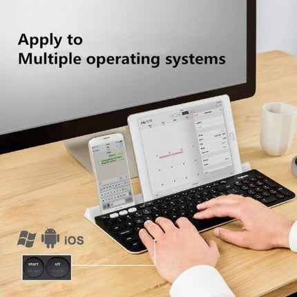 Logitech K780 Multi-Device Wireless Keyboard for Easy Typing showing hands switching between computer, tablet, and smartphone on a desk