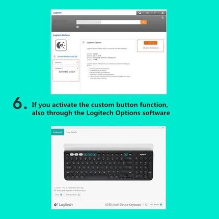 Logitech K780 Multi-Device Wireless Keyboard for Easy Typing showing Logitech Options software and keyboard layout for custom button activation