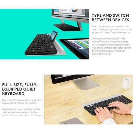 Logitech K780 Multi-Device Wireless Keyboard for Easy Typing shown with computer, tablet and smartphone switching