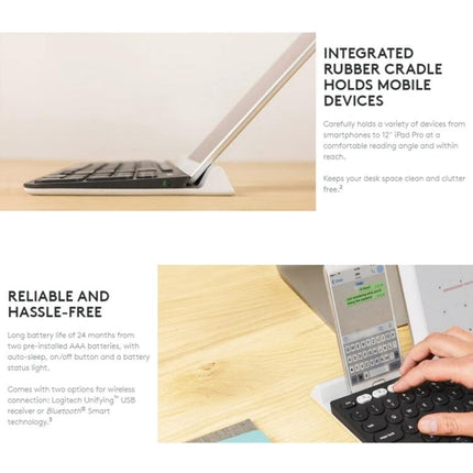 Logitech K780 Multi-Device Wireless Keyboard for Easy Typing showing integrated rubber cradle holding a smartphone and tablet