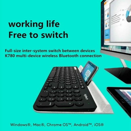 Logitech K780 Multi-Device Wireless Keyboard for Easy Typing showing keyboard docking a smartphone and connecting to monitor and tablet
