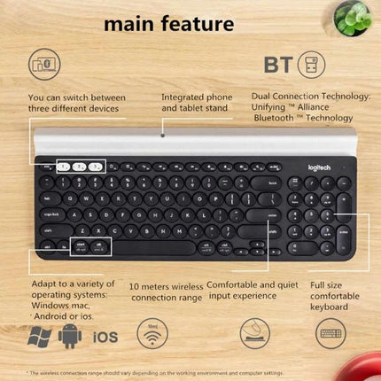 Logitech K780 Multi-Device Wireless Keyboard for Easy Typing - top view showing round keys, integrated phone/tablet stand and multi-device switch