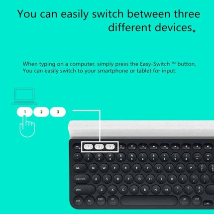 Logitech K780 Multi-Device Wireless Keyboard for Easy Typing showing Easy-Switch buttons to switch between computer, tablet, and smartphone