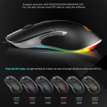 iMICE X6 Wired Gaming Mouse with RGB Backlighting showing ergonomic side buttons, RGB lighting strip, and DPI levels (800–6400)