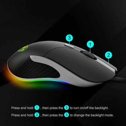 iMICE X6 Wired Gaming Mouse with RGB Backlighting showing side profile, RGB underglow, scroll wheel and labeled backlight buttons