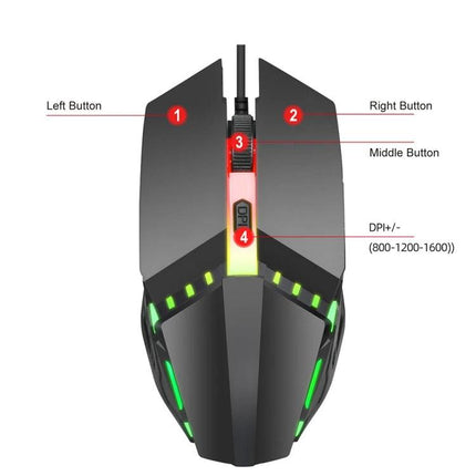 HXSJ Colorful Glowing Wired Gaming Mouse for Daily Tasks - top view showing left/right/middle buttons, DPI button (800-1200-1600) and RGB lighting