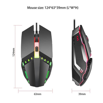 HXSJ Colorful Glowing Wired Gaming Mouse for Daily Tasks showing top and side views with dimensions and RGB lighting