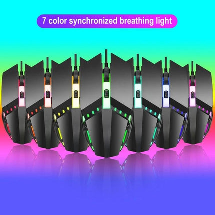 HXSJ Colorful Glowing Wired Gaming Mouse for Daily Tasks showing seven color synchronized breathing light variants with ergonomic wired design