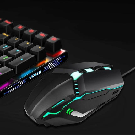 HXSJ Colorful Glowing Wired Gaming Mouse for Daily Tasks showing ergonomic black mouse with turquoise RGB accents next to a backlit gaming keyboard