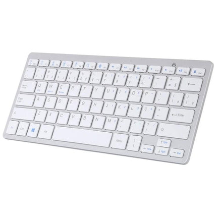 Wireless Bluetooth Keyboard with Portuguese Layout slim white Bluetooth keyboard angled view for tablet smartphone and laptop