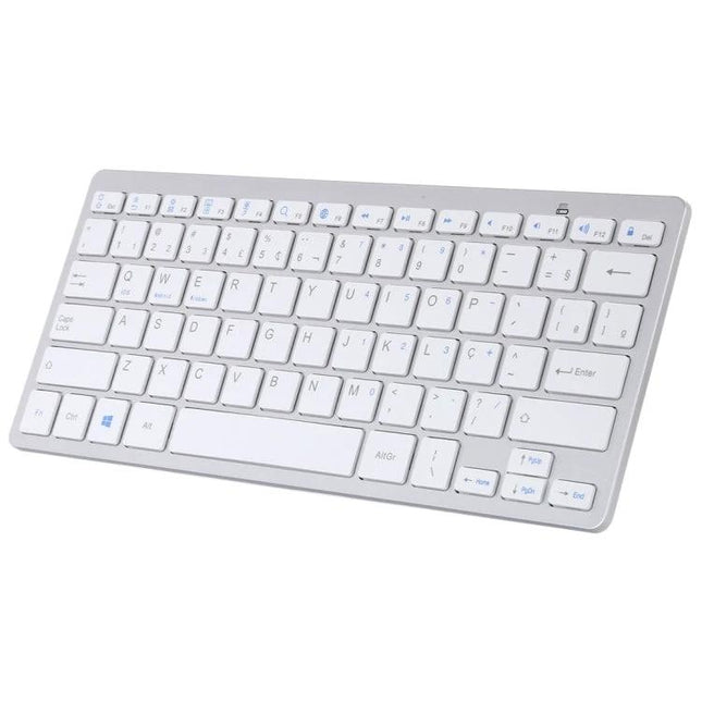 Wireless Bluetooth Keyboard with Portuguese Layout slim white Bluetooth keyboard angled view for tablet smartphone and laptop