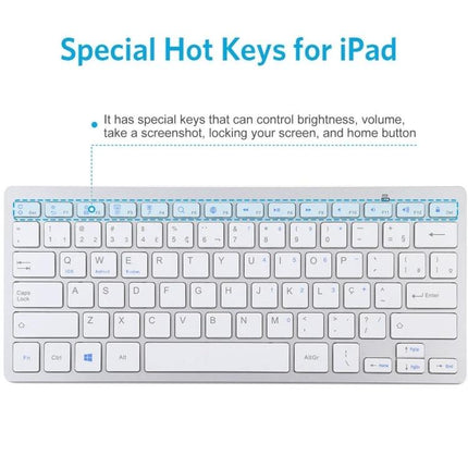 Wireless Bluetooth Keyboard with Portuguese Layout slim white keyboard showing special hot keys for iPad, brightness, volume, screenshot and home button