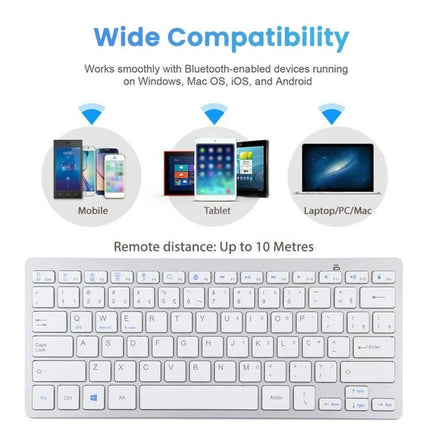 Wireless Bluetooth Keyboard with Portuguese Layout slim white keyboard showing compatibility with mobile, tablet, laptop and 10m Bluetooth range