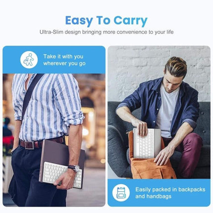 Wireless Bluetooth Keyboard with Portuguese Layout slim portable shown being carried and packed in backpack/handbag