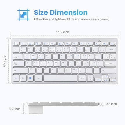 Wireless Bluetooth Keyboard with Portuguese Layout slim white Bluetooth keyboard showing 11.2×4.7 inch dimensions and 0.2–0.7 inch profile