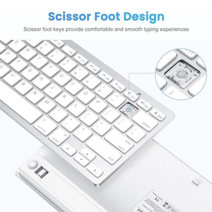 Wireless Bluetooth Keyboard with Portuguese Layout slim white scissor-switch keys showing scissor foot design and removed keycap