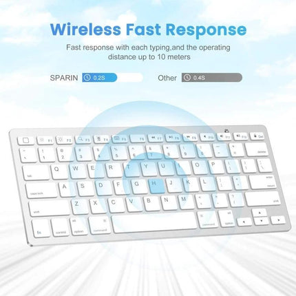 Wireless Bluetooth Keyboard with Portuguese Layout slim white Bluetooth keyboard showing fast response and 10m range