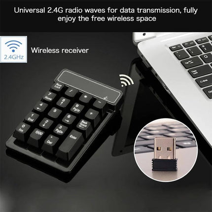 MC Saite Wireless 19-Key Numeric Keyboard for Everyday Computing wireless black numeric keypad with USB 2.4GHz receiver next to laptop