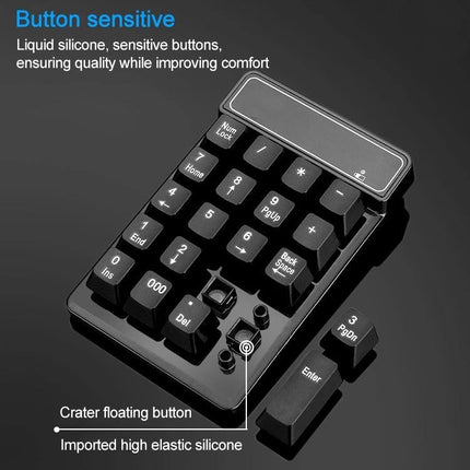 MC Saite Wireless 19-Key Numeric Keyboard for Everyday Computing showing compact black 19-key numeric keypad with silicone keys and floating button design
