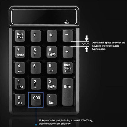 MC Saite Wireless 19-Key Numeric Keyboard for Everyday Computing - compact 19-key wireless numeric keypad with 000 key and 5mm key spacing