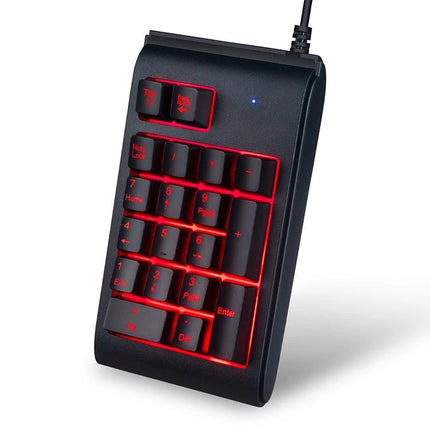 MC Saite Compact 19-Key Wired Backlit Numeric Keyboard showing black ABS 19-key USB wired numpad with red backlighting and plug-and-play design