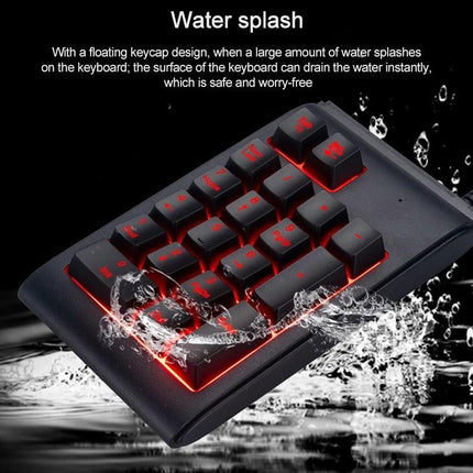 MC Saite Compact 19-Key Wired Backlit Numeric Keyboard showing red backlight and splash-resistant floating keycap design