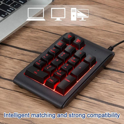 MC Saite Compact 19-Key Wired Backlit Numeric Keyboard shown with red backlight, USB wired, compact ABS design for laptops and desktops