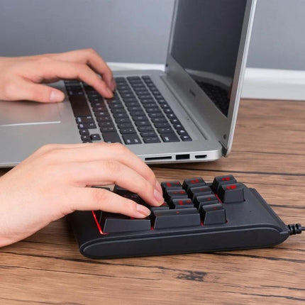 MC Saite Compact 19-Key Wired Backlit Numeric Keyboard connected to laptop with hands typing, compact USB numpad for data entry