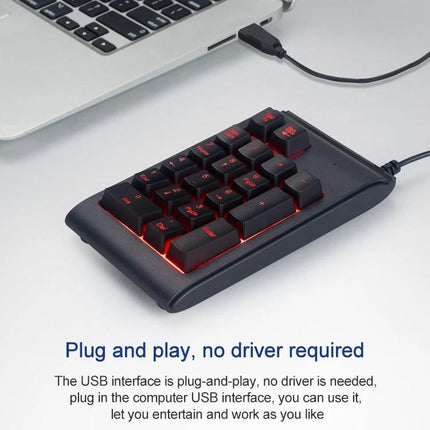 MC Saite Compact 19-Key Wired Backlit Numeric Keyboard plugged into a laptop with red backlighting, USB wired plug-and-play numeric keypad
