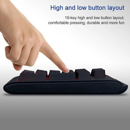 MC Saite Compact 19-Key Wired Backlit Numeric Keyboard showing side profile with finger pressing keys and high and low button layout