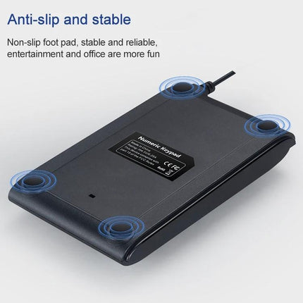 MC Saite Compact 19-Key Wired Backlit Numeric Keyboard shown underside with anti-slip foot pads and USB cable