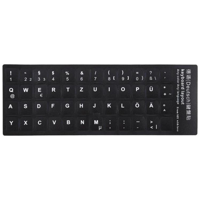 German Keyboard Layout Stickers for Laptops and Desktops - black adhesive German keyboard sticker sheet with umlauts and special characters