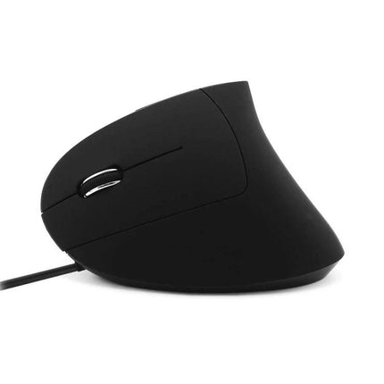 Ergonomic Wired Vertical Mouse for Left-Handed Computer Use showing black left-handed ergonomic wired vertical mouse with thumb rest and scroll wheel