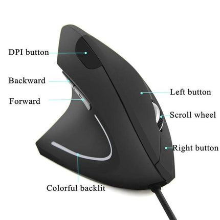 Ergonomic Wired Vertical Mouse for Left-Handed Computer Use showing labeled DPI button, forward/back buttons, scroll wheel and colorful backlit design