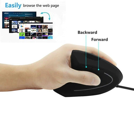 Ergonomic Wired Vertical Mouse for Left-Handed Computer Use held in left hand showing forward and backward thumb buttons, wired design
