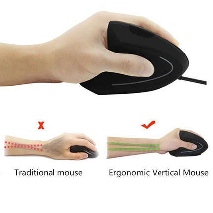 Ergonomic Wired Vertical Mouse for Left-Handed Computer Use showing left-hand grip, wired vertical design to reduce wrist strain for long computer tasks