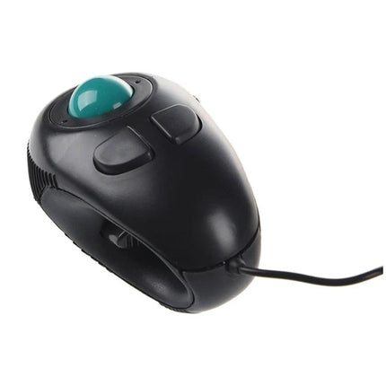 Compact Handheld Wired Mouse for Table-Free Operation with thumb-controlled green trackball and wired ergonomical design for couch or travel use