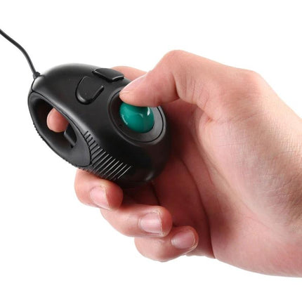 Compact Handheld Wired Mouse for Table-Free Operation held in hand with thumb-controlled trackball for couch or travel use