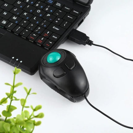 Compact Handheld Wired Mouse for Table-Free Operation connected to laptop showing thumb-operated trackball for couch and travel use