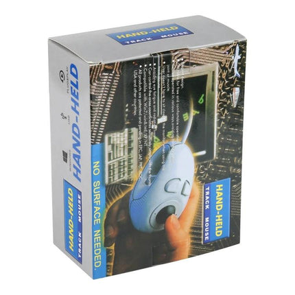 Compact Handheld Wired Mouse for Table-Free Operation in retail box showing hand-held track mouse and packaging