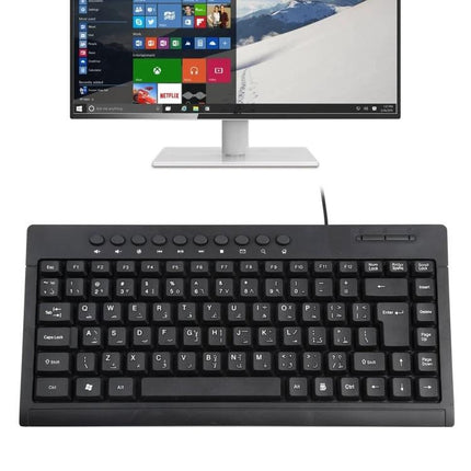 Mini Wired Keyboard with Arabic Layout for Daily Computing black compact wired USB keyboard shown with monitor, Arabic key labels and media keys