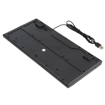 Mini Wired Keyboard with Arabic Layout for Daily Computing showing underside, USB cable and fold-out feet for stable wired connection