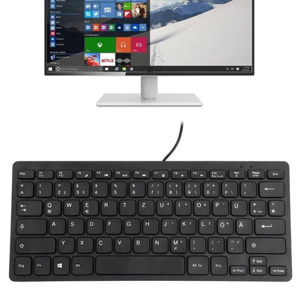 Slim and Portable Mini Wired Keyboard with German Layout - slim black compact wired keyboard with German QWERTZ keys, ideal for travel and small desks