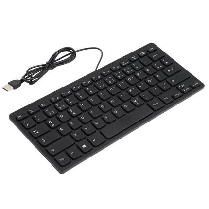 Slim and Portable Mini Wired Keyboard with German Layout, compact 28.5x12x2cm black USB keyboard for travel and small desks