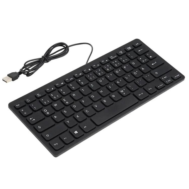 Slim and Portable Mini Wired Keyboard with German Layout, compact 28.5x12x2cm black USB keyboard for travel and small desks