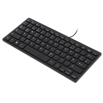 Slim and Portable Mini Wired Keyboard with German Layout, slim black compact wired keyboard 28.5x12x2cm for travel, students, and small desks