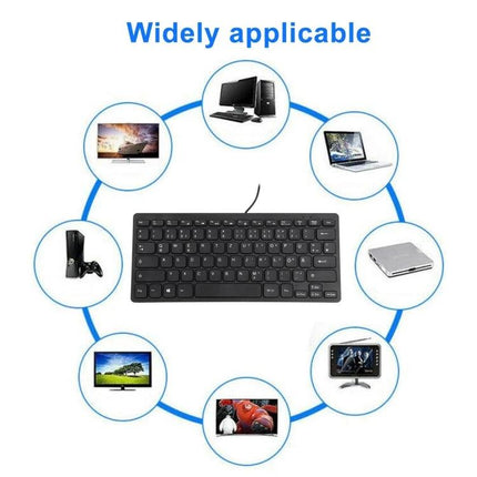 Slim and Portable Mini Wired Keyboard with German Layout compact black keyboard shown with compatible devices for travel and small desk use