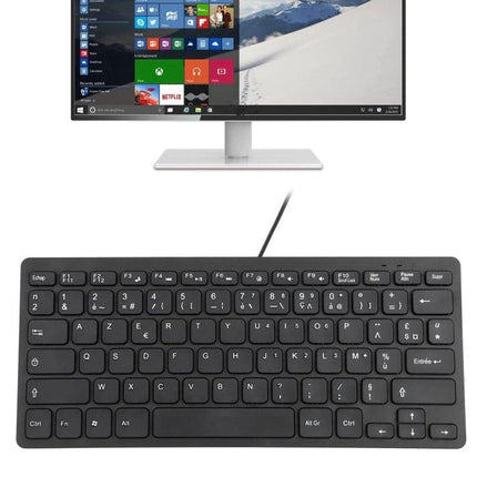 Compact Ultra-Thin Wired Keyboard with French Layout Design shown connected to a desktop monitor, slim black wired keyboard ideal for small desks
